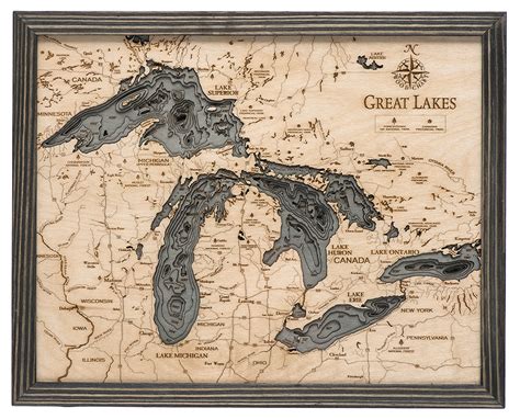 Great Lakes Wood Carved Topographical Depth Chart / Map | Lake Art