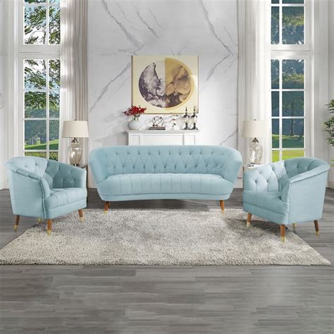 Nordic Light Blue Sofa Set 3 Pieces Living Room Set Tufted Back ...