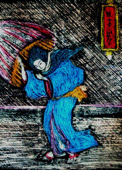 a drawing of a woman holding an umbrella in the rain with chinese ...