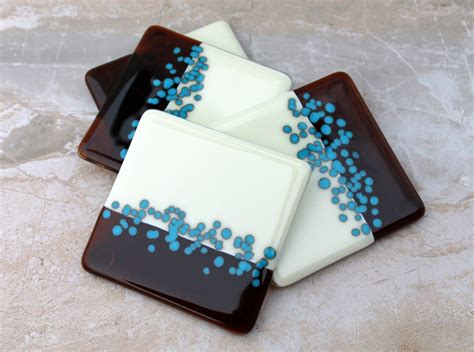 4 fused glass coasters, Vanilla Cream, Amber, Turquoise Fused Glass ...