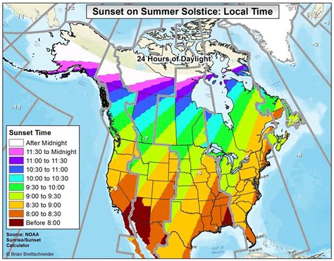 A map of sunset times on the Summer Solstice across the USA and Canada ...