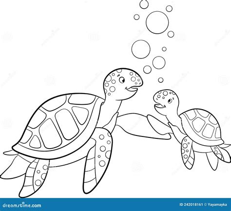 Coloring Page. Mother Sea Turtle Swims with Her Little Cute Baby Sea Turtle and Smiles Stock ...