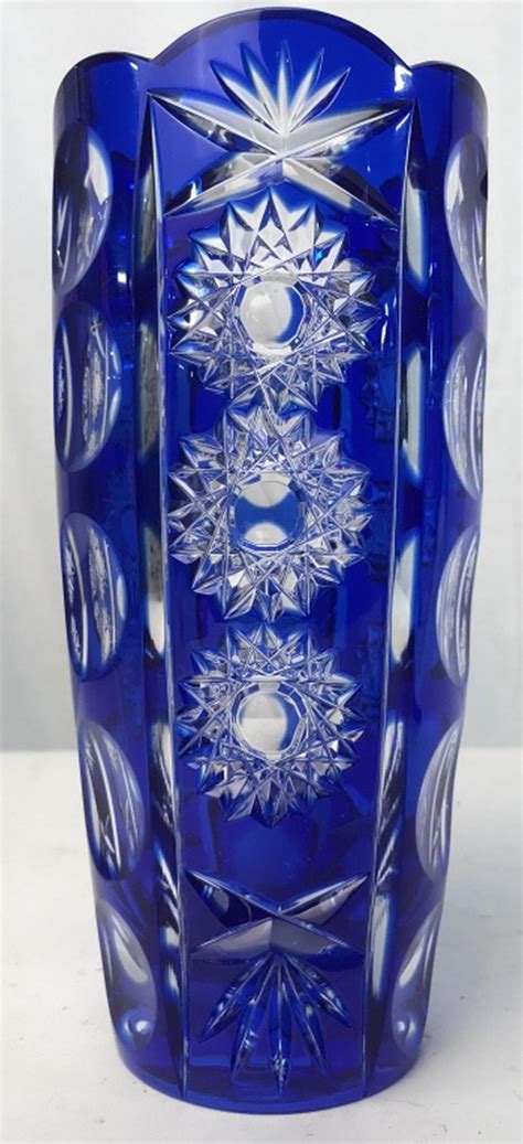 Lot - Cobalt Blue Cut-To-Clear Crystal Art Glass Vase