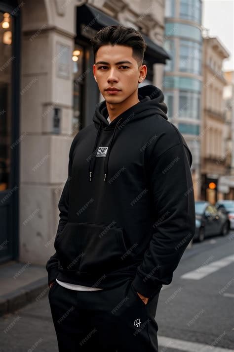 Premium AI Image | a man in a black hoodie standing on a city street ...