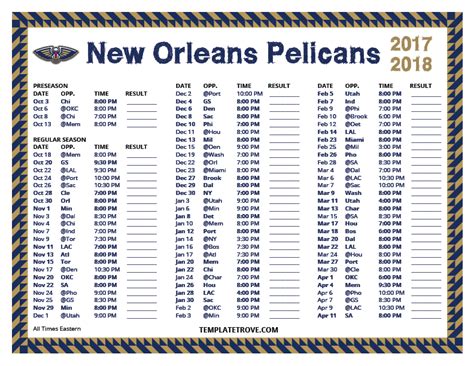 Printable 2017-2018 New Orleans Pelicans Schedule