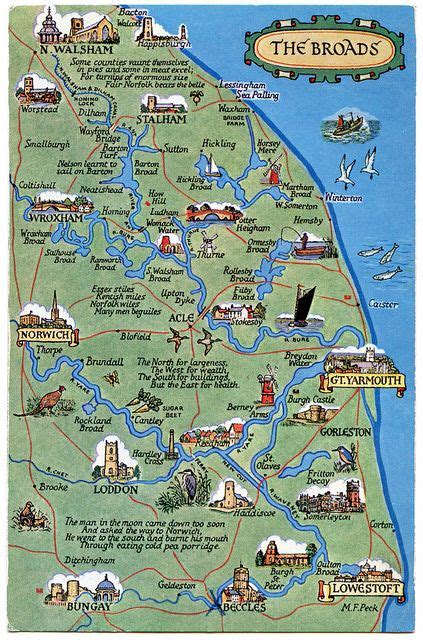 Postcard map of the Broads | Norfolk broads, England map, Norfolk beach