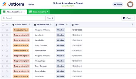 School Attendance Sheet Template | Jotform Tables