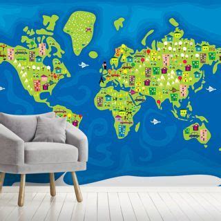 Cartoon World Map Wallpaper | Wallsauce US | Map wallpaper, World map mural, Map wall mural