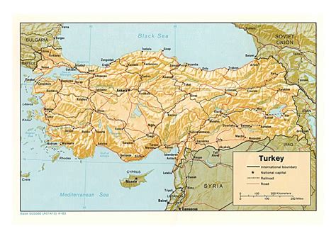 Detailed political map of Turkey with relief, roads, railroads and ...