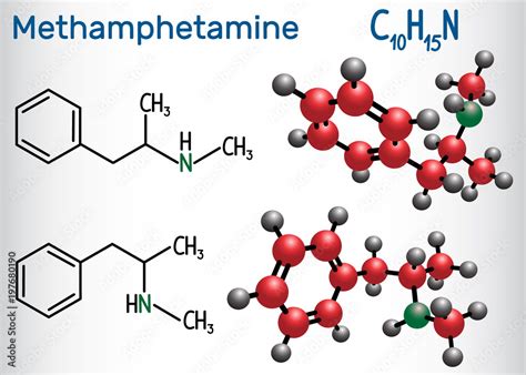 Plakat methamphetamine (crystal meth, C10H15N) molecule, is a potent central nervous system ...