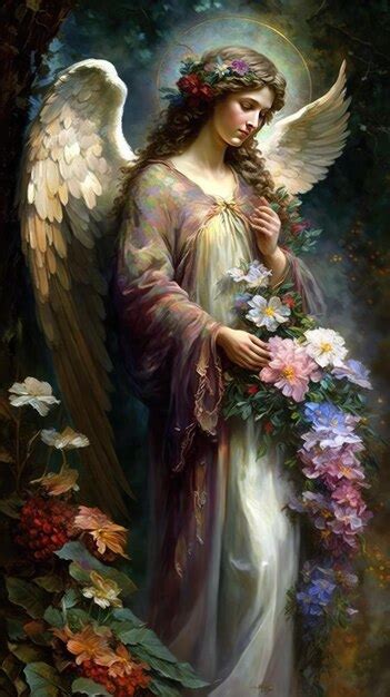 Premium AI Image | A painting of an angel with flowers in her hands