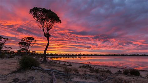 Sunset Sky Red Clouds Lake Magic In Hyden Australia Near The Wave Rock Resort Wallpapers Hd ...