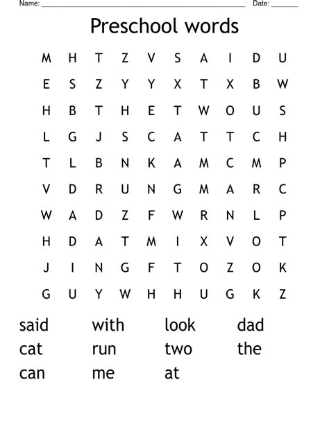 Preschool words Word Search - WordMint