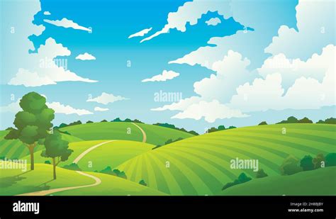 Summer field landscape. Nature hills fields blue sky clouds sun countryside. Cartoon green tree ...