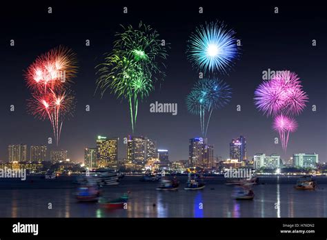 Fireworks Festival over Pattaya beach at night, Chonburi, Thailand ...