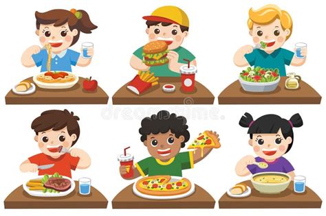 Group of Happy Kids Eating Delicious Food. Stock Vector - Illustration ...