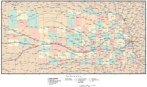 Nebraska Adobe Illustrator Map with Counties, Cities, County Seats, Major Roads