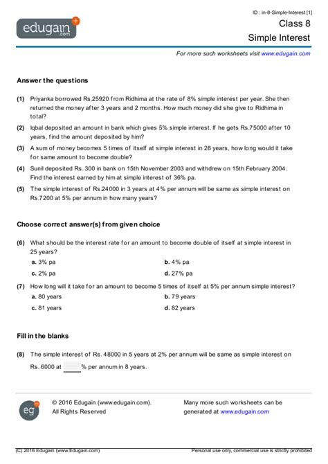 Simple Interest Problems Worksheets