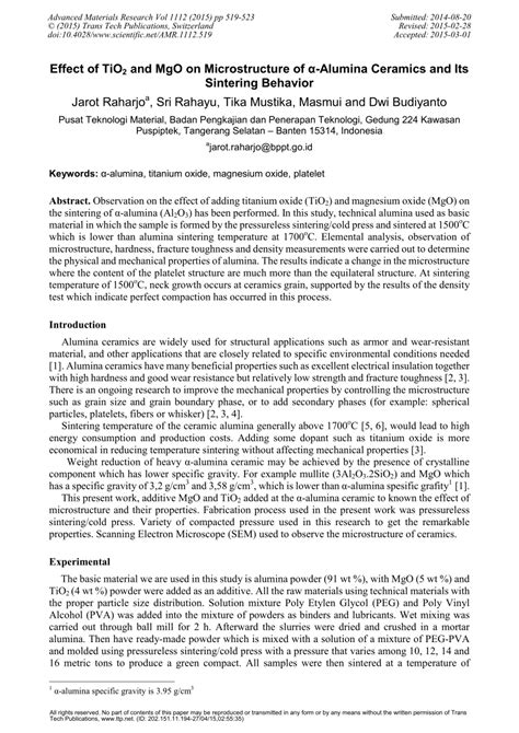 (PDF) Effect of TiO 2 and MgO on Microstructure of α-Alumina Ceramics and Its Sintering Behavior