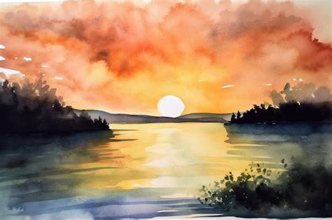 Premium AI Image | A watercolor painting of a sunset with a yellow sky ...