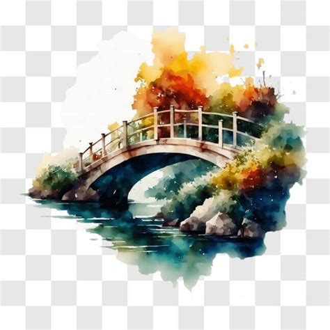 Download Watercolor Painting of Old Bridge with Autumn Leaves and Flowers PNG Online - Creative ...