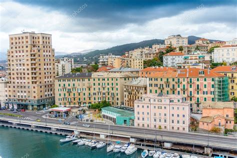 Sea coast of Savona, Italy. View from the cruise liner — Stock Photo © Batechenkofff #177654298