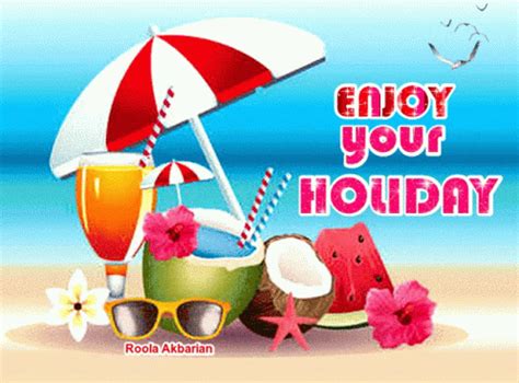 a beach scene with sunglasses, umbrella and watermelon on the sand text reads enjoy your holiday