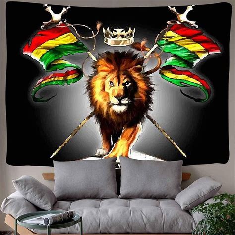 DBLLF Rasta Tapestry Judah Lion with a Rastafari Flag King Jungle Reggae Theme Art Print, Wall ...