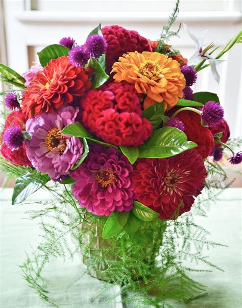 Summer Bouquet, featuring celosia and zinnias in a natural container Zinnia Bouquet, Flowers ...