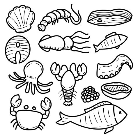 Set of seafood doodle illustrations with cute design isolated on white ...