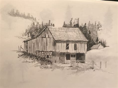 Sketch done from Landscape Drawing in Pencil book Landscape Pencil Drawings, Old Barns, Gouache ...