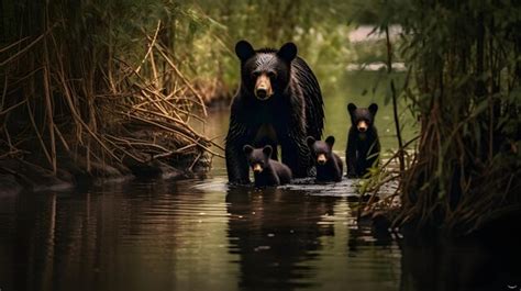 Premium Photo | A Black Bear Mother and her Cubs in the River