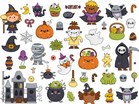 Vector kawaii Halloween clipart set for kids. Cute cartoon Samhain party elements. Scary ...