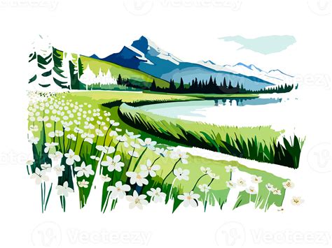 Watercolor landscape with mountains, white flowers, and trees 26822192 PNG