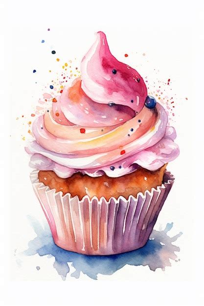 Premium Photo | Watercolor painting of a cupcake with a pink icing.