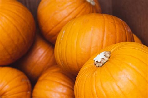 Premium Photo | Orange pumpkins in box at supermarket for halloween holiday