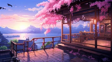 Premium Photo | Anime scenery of a house with a balcony and a balcony with a view of a lake ...