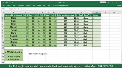 MS Excel - Student Mark Sheet Calculation Sum, Average, Rank, Grade, Pass Fail, Status - YouTube