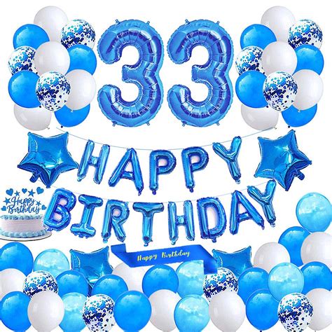 Buy Minhero Lee Blue 33rd Birthday Decoration Happy Birthday Banner Number 33 Balloons Blue ...