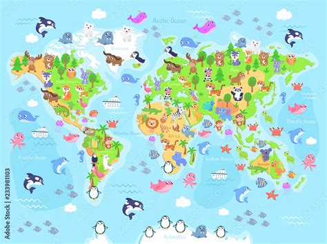 Vector illustration of world map with animals for kids. Flat design. Stock Vector | Adobe Stock