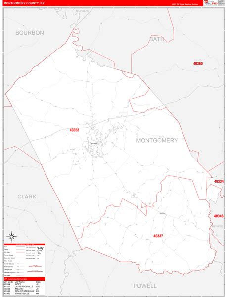 Montgomery County, KY Zip Code Wall Map Red Line Style by MarketMAPS ...