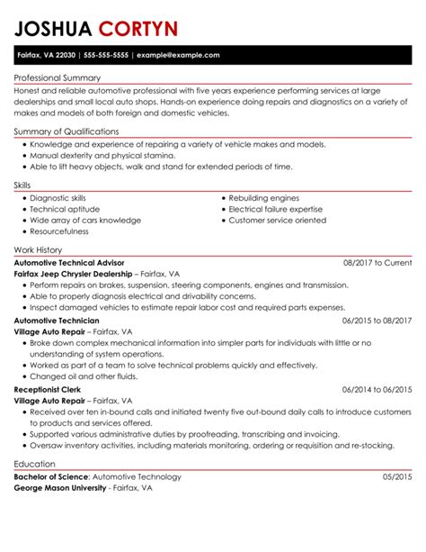 Professional Automotive Technician Resume Examples