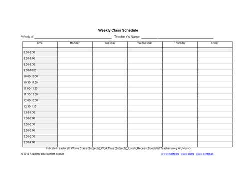 Weekly Class Schedule template | Templates at allbusinesstemplates.com