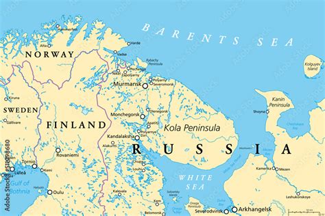 Murmansk Oblast and Kola Peninsula, political map. Federal subject of Russia, part of Lapland ...