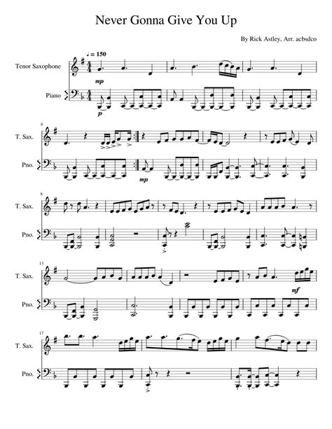 Never Gonna Give You Up - Tenor Sax + Piano Version sheet music for ...