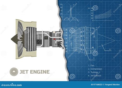 Jet Engine in a Outline Style. Industrial Vector Blueprint. Part of the Aircraft. Side View ...