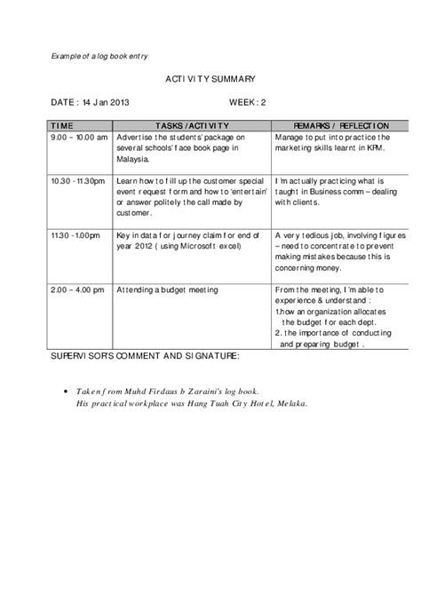 (PDF) Example of a log book entry | farah ramlan - Academia.edu