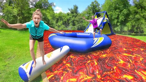 Last To Fall Floor is Lava Backyard Inflatable Obstacle Course Challenge!! - YouTube