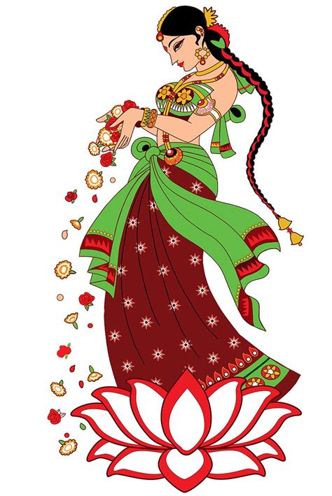 Illustrator: Smita Upadhye Digital Illustration: Indian lady offering flowers to welcome created ...