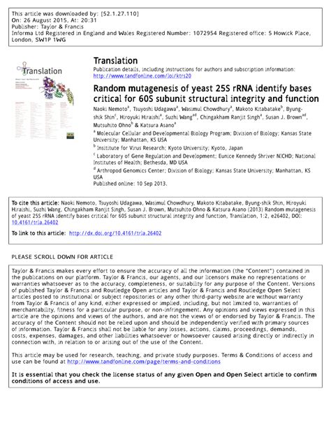 (PDF) Random mutagenesis of yeast 25S rRNA identify bases critical for ...